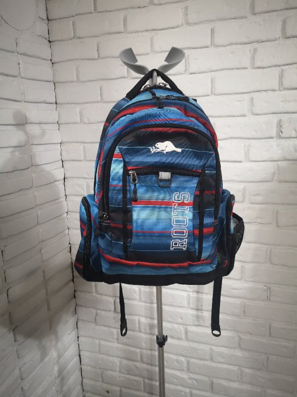 Roots Blue Red & Black Striped Design School/Travel Backpack Multi Pockets